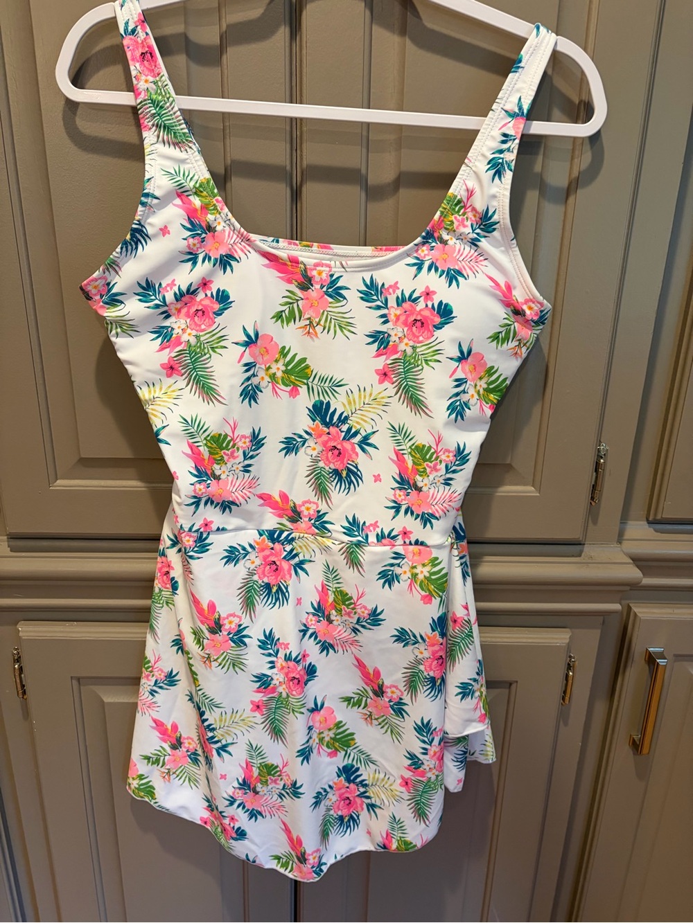 White Tropical Print Swum Dress with Pink & Teal Accents